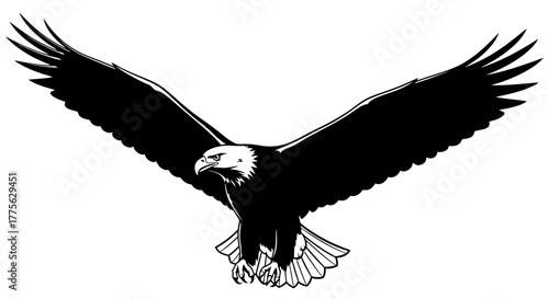 A majestic bald eagle soars with wings spread wide, a symbol of freedom and power.