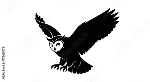 A black and white illustration of an owl in flight, wings spread, talons extended, and head turned forward.