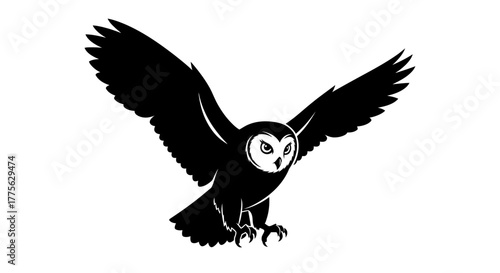 Black and white illustration of an owl in flight with wings spread.