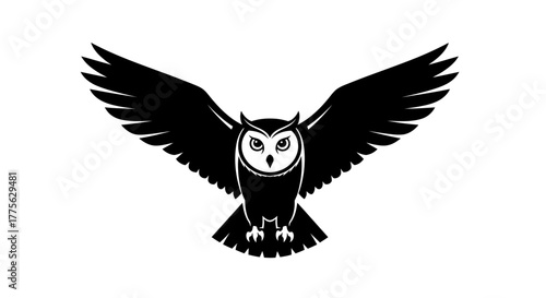 Stylized black and white illustration of an owl with wings spread, facing forward.