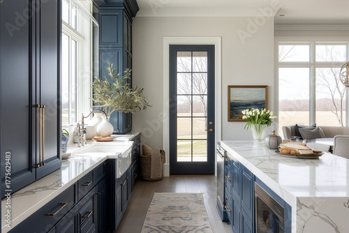 Modern kitchen interior with navy blue cabinets, a large marble waterfall island, and abundant natural light from large windows. AI Generate