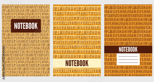 Set covers for notebooks with symbols Rongorongo on Easter island or Rapa Nui. For design of children books, brochures, templates for school diaries. Vector seamless patterns copybook with old texts.
