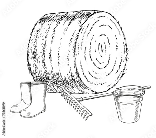 Composition of haystack, rake, bucket and rubber boots. Vector ink styled handmade illustration. For packaging design, cards, cover, prints, product labels and fabric.