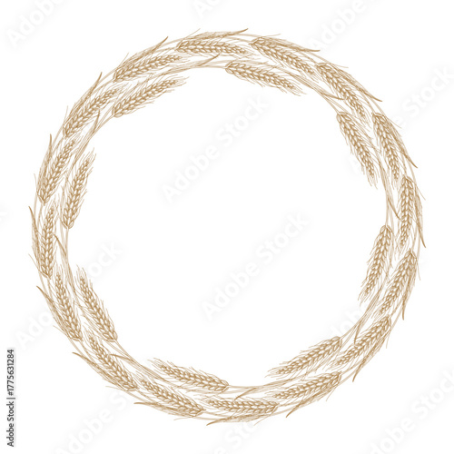 Wreath of wheat. Vector ink styled handmade illustration. For packaging design, cards, cover, prints, product labels and fabric.