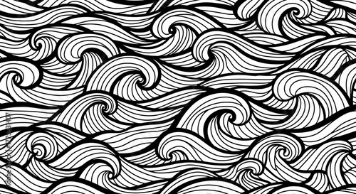 Detailed black and white illustration depicting stylized, flowing ocean waves.