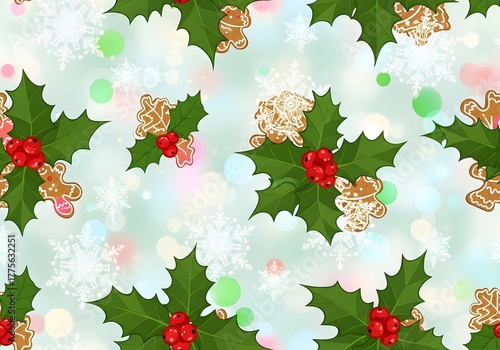 Festive holiday pattern with holly leaves, red berries, gingerbread cookies, and snowflakes on soft white background for cheerful Christmas wrapping or seasonal design.

