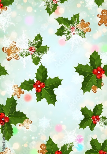 Festive holiday pattern with holly leaves, red berries, gingerbread cookies, and snowflakes on soft pastel background for cheerful Christmas wrapping or seasonal design.

