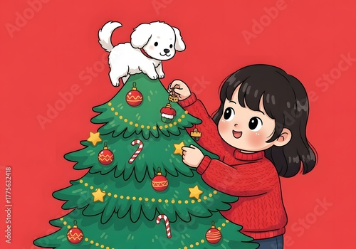 Adorable girl in red sweater decorating Christmas tree with ornaments while a fluffy puppy perches playfully on top, set against vibrant red background.

