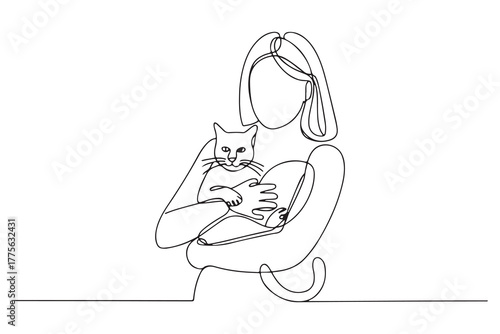 Single one line drawing girl holding her cat. Urban pets concept. Continuous line draw design. one line Icon drawing with white background