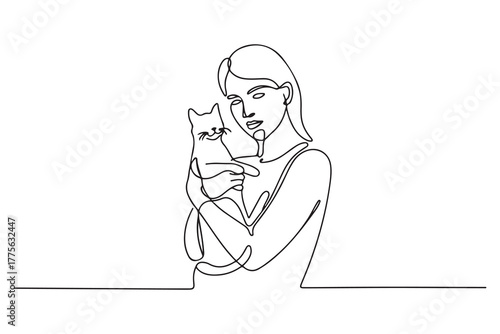 Single one line drawing girl holding her cat. Urban pets concept. Continuous line draw design. one line Icon drawing with white background