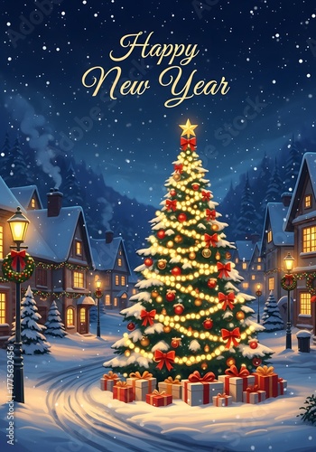 Magical snowy village at night with glowing Christmas tree, wrapped gifts, and “Happy New Year” text for festive holiday celebration and winter wonder.

