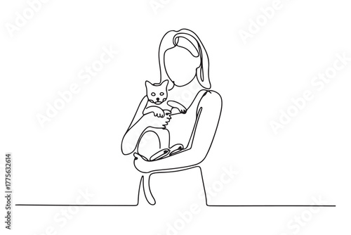 Single one line drawing girl holding her cat. Urban pets concept. Continuous line draw design. one line Icon drawing with white background