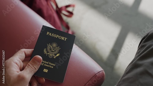 Close up on hand tapping passport on seat in boredom waiting for flight. Person sitting in airport terminal or lounge in standby to board plane. Cancellation or delays. Holding passport on chair seat