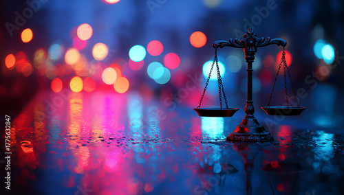 Ornate justice scales stand on wet reflective surface with blurred colorful bokeh lights background legal