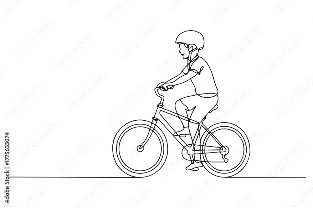 Fototapeta premium Single one line drawing happy boy riding a bike with helmet. World bicycle day concept. one line Icon drawing with white background