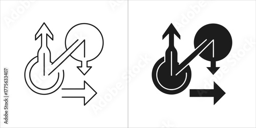 Directional arrow and circular movement icon, line art and solid black version