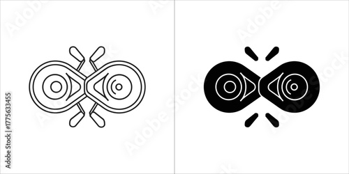 Abstract representation of two interconnected eyes or lenses in black and white