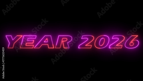 Happy year 2026 modern light text design. Neon Word “Year 2026” on black background. 2026 Year logo design vector illustration icon.