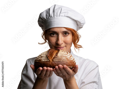 Smiling female baker chef holding delicious freshly baked pastry with cream happy professional confectioner transparent background