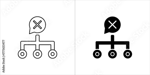 Decision tree or flowchart icon with an error symbol in outline and solid black, representing failure or mistake