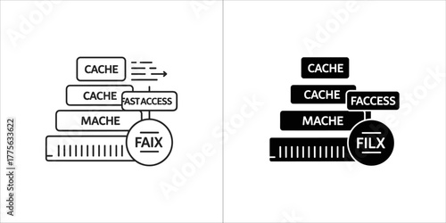 Cache data structure icon with layers and labels, representing fast access and storage