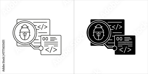 Bug icon with magnifying glass over code snippets