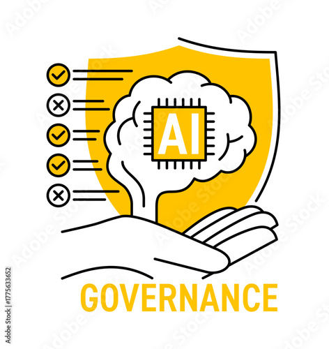 AI Governance system - Composition with brain, scales and shield