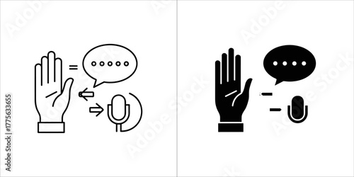 Icons showing voice input to microphone and hand gesture for stop or no