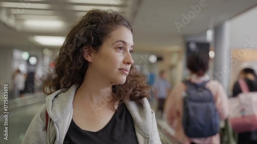 Curly-haired woman sips coffee in airport terminal. Soft focus background shows travelers moving. Tired but happy. Traveling abroad for vacation. Standing on moving walkway on way to departure gate