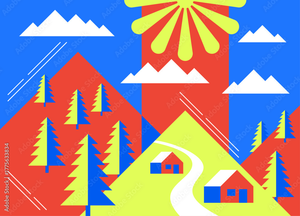 Naklejka premium Geometric landscape in bright retro vivid colors