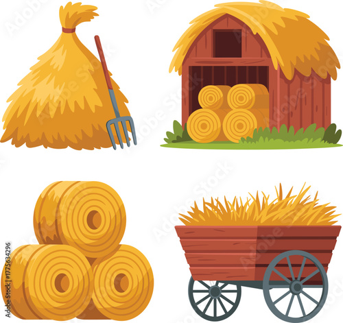 Farm Harvest and Hay Bales Cartoon Vector Set - Barn, Cart, Pitchfork, and Stacked Straw Illustration - Rural Life
