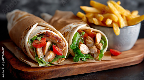 Two chicken wraps with fresh lettuce and tomato served with a bowl of golden french fries on a wooden board