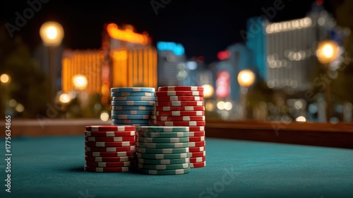 Casino chips stacked on felt table with blurred city lights background