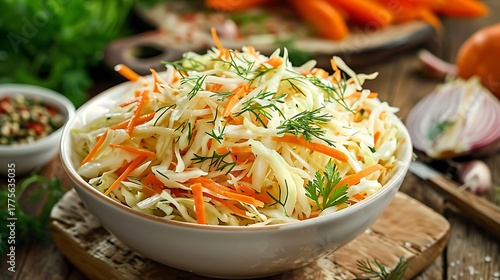 A bowl of coleslaw salad with shredded cabbage carrots and dill on a wooden board in soft lighting