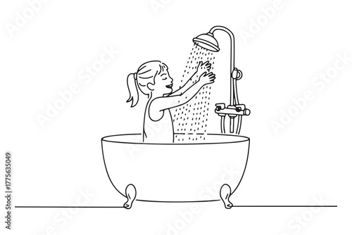 Single one line drawing happy girl playing shower while taking a bath. Bathroom activities concept. one line Icon drawing with white background