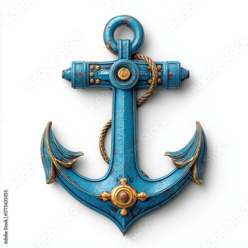 Blue nautical anchor with yellow accents and rustic texture