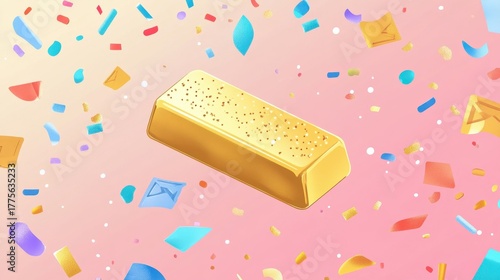 Gold Bar Surrounded by Colorful Confetti and Sparkles