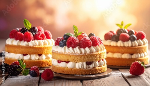 Delicious triple berry layered cakes with cream and mint garnish