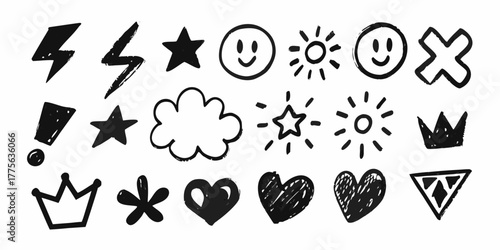 Collection of hand drawn black doodle icons including lightning bolts stars smiley faces suns clouds hearts and crowns