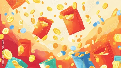 Colorful Coins and Boxes Overflowing with Wealth