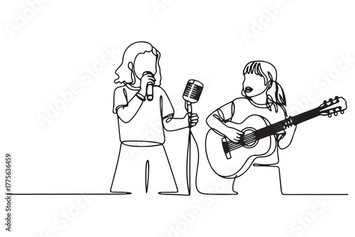 Continuous one line drawing Two little girls singing a song with a microphone and a guitar. Hangouts With Friends concept. one line Icon drawing with white background