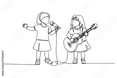Continuous one line drawing Two little girls singing a song with a microphone and a guitar. Hangouts With Friends concept. one line Icon drawing with white background