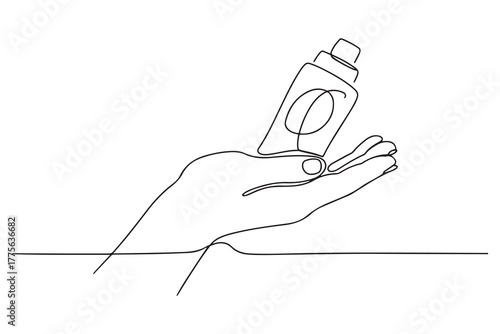 Continuous one line drawing hand holds skin care for facial care. Healthcare at home concept. one line Icon drawing with white background