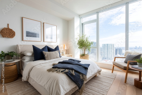 A bright and airy modern bedroom interior with large black-framed windows, a tufted headboard, and navy blue accents. AI generate