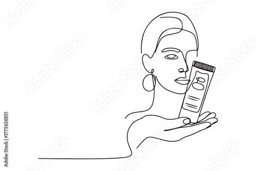 Continuous one line drawing hand holds skin care for facial care. Healthcare at home concept. one line Icon drawing with white background