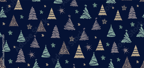 Christmas tree white on blue, hand drawn illustrations.