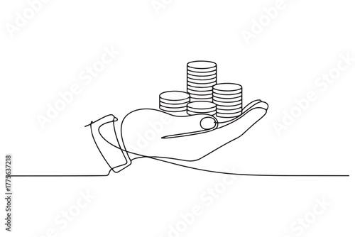 Single one line drawing hand hold coins on literacy. Financial literacy concept. Continuous line draw design. one line Icon drawing with white background
