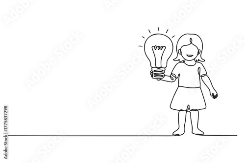 Continuous one line drawing happy little girl holding a light bulb in her hand. Earth hour concept. Single line draw design. one line Icon drawing with white background