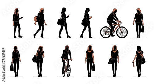 people walking silhouette illustrations women commute to work diverse urban lifestyle illustrating community fashion and modern city living
