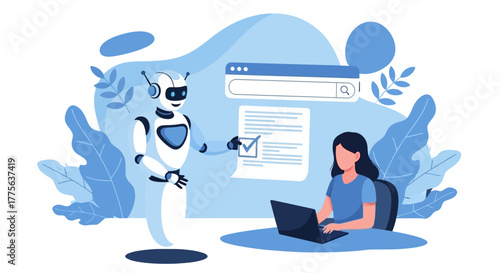 AI assistant helping a woman with her checklist working on laptop for AI solutions automation tools  digital transformation illustrations